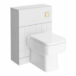 Venice Abstract White Complete Toilet Unit W. Pan, Cistern + Brushed Brass Flush