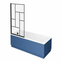 Venice Abstract Matt Black Grid Screen W. Single Ended Bath + Satin Blue Panel