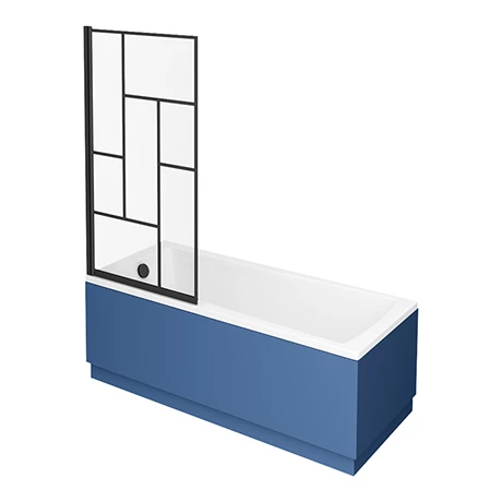 Venice Abstract Matt Black Grid Screen W. Single Ended Bath + Satin Blue Panel 1 Venice Abstract Matt Black Grid Screen W. Single Ended Bath + Satin Blue Panel