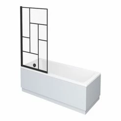 Venice Abstract Matt Black Grid Screen W. Single Ended Bath + Satin White Panel