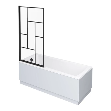 Venice Abstract Matt Black Grid Screen W. Single Ended Bath + Satin White Panel 1 Venice Abstract Matt Black Grid Screen W. Single Ended Bath + Satin White Panel