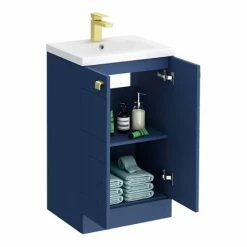 Venice Abstract 500mm Blue Vanity Unit - Floor Standing 2 Door Unit With Brushed Brass Square Drop Handles -Venice shop VAFS500BLUBRA d4 460