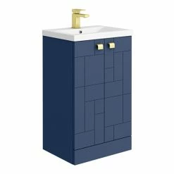Venice Abstract 500mm Blue Vanity Unit - Floor Standing 2 Door Unit With Brushed Brass Square Drop Handles