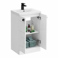 Venice Abstract 500mm White Vanity Unit - Floor Standing 2 Door Unit With Matt Black Square Drop Handles -Venice shop VAFS500WHIBLK d3 460