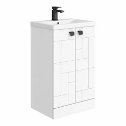 Venice Abstract 500mm White Vanity Unit - Floor Standing 2 Door Unit With Matt Black Square Drop Handles