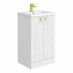 Venice Abstract 500mm White Vanity Unit - Floor Standing With Brushed Brass Handles
