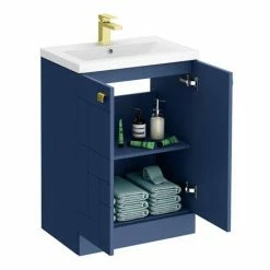 Venice Abstract 600mm Blue Vanity Unit - Floor Standing 2 Door Unit With Brushed Brass Square Drop Handles -Venice shop VAFS600BLUBRA D3 460