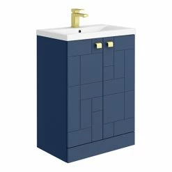 Venice Abstract 600mm Blue Vanity Unit - Floor Standing 2 Door Unit With Brushed Brass Square Drop Handles