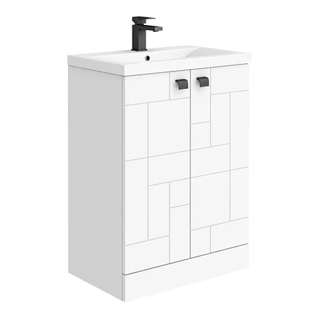 Venice Abstract 600mm White Vanity Unit - Floor Standing 2 Door Unit With Matt Black Square Drop Handles 1 Venice Abstract 600mm White Vanity Unit - Floor Standing 2 Door Unit With Matt Black Square Drop Handles