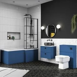 Venice Shower Bath - 1700 L Shaped W. Matt Black Abstract Grid Screen + Satin Blue Panel -Venice shop VAGL17B d4n 460