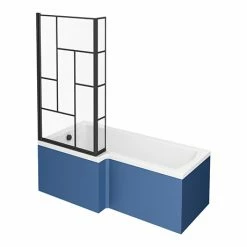 Venice Shower Bath - 1700 L Shaped W. Matt Black Abstract Grid Screen + Satin Blue Panel