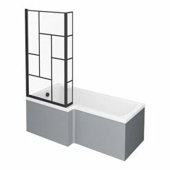 Venice Shower Bath - 1700 L Shaped W. Matt Black Abstract Grid Screen + Satin Grey Panel