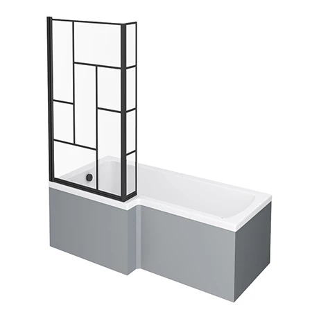 Venice Shower Bath - 1700 L Shaped W. Matt Black Abstract Grid Screen + Satin Grey Panel 1 Venice Shower Bath - 1700 L Shaped W. Matt Black Abstract Grid Screen + Satin Grey Panel