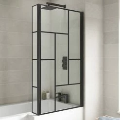 Venice Shower Bath - 1700 L Shaped W. Matt Black Abstract Grid Screen + Satin Grey Panel 7 Venice Shower Bath - 1700 L Shaped W. Matt Black Abstract Grid Screen + Satin Grey Panel -Venice shop VAGL17G d3 460