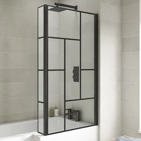 Venice Shower Bath - 1700 L Shaped W. Matt Black Abstract Grid Screen + Satin Grey Panel 4 Venice Shower Bath - 1700 L Shaped W. Matt Black Abstract Grid Screen + Satin Grey Panel - Image 4