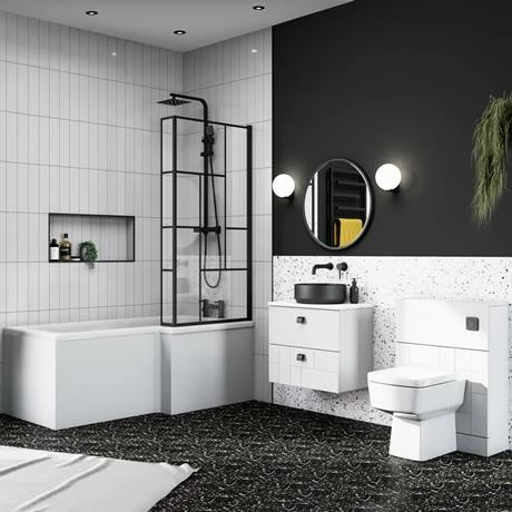 Venice Shower Bath - 1700 L Shaped W. Matt Black Abstract Grid Screen + Satin White Panel 4 Venice Shower Bath - 1700 L Shaped W. Matt Black Abstract Grid Screen + Satin White Panel - Image 4