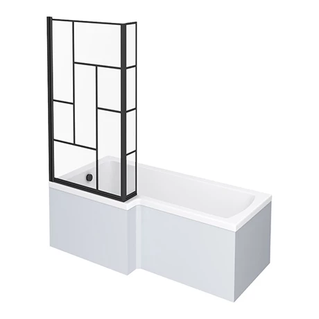 Venice Shower Bath - 1700 L Shaped W. Matt Black Abstract Grid Screen + Satin White Panel 1 Venice Shower Bath - 1700 L Shaped W. Matt Black Abstract Grid Screen + Satin White Panel