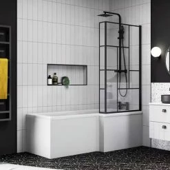 Venice Shower Bath - 1700mm L Shaped With Matt Black Abstract Grid Screen + Panel -Venice shop VAGL17 detail5 460