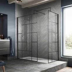 Venice 1700 X 800 Matt Black Abstract Grid Wet Room (incl. Screen, Side Panel + Tray)