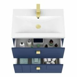 Venice Abstract 600mm Blue Vanity Unit - Wall Hung 2 Drawer Unit With Brushed Brass Square Drop Handles -Venice shop VAWH600BLUBRA d3 460