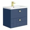 Venice Abstract 600mm Blue Vanity Unit - Wall Hung 2 Drawer Unit With Brushed Brass Square Drop Handles