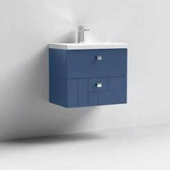 Venice Abstract 600mm Blue Vanity Unit - Wall Hung 2 Drawer Unit With Chrome Square Drop Handles -Venice shop VAWH600BLU D1 460