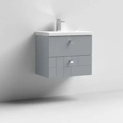 Venice Abstract 600mm Grey Vanity Unit - Wall Hung 2 Drawer Unit With Chrome Square Drop Handles -Venice shop VAWH600GRY D1 460