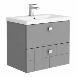 Venice Abstract 600mm Grey Vanity Unit - Wall Hung 2 Drawer Unit With Chrome Square Drop Handles