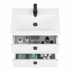 Venice Abstract 600mm White Vanity Unit - Wall Hung 2 Drawer Unit With Matt Black Square Drop Handles -Venice shop VAWH600WHIBLK d4 460
