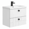 Venice Abstract 600mm White Vanity Unit - Wall Hung 2 Drawer Unit With Matt Black Square Drop Handles