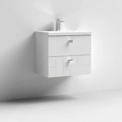 Venice Abstract 600mm White Vanity Unit - Wall Hung 2 Drawer Unit With Chrome Square Drop Handles -Venice shop VAWH600WHI D1 460