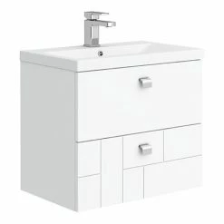Venice Abstract 600mm White Vanity Unit - Wall Hung 2 Drawer Unit With Chrome Square Drop Handles