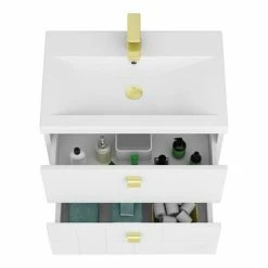 Venice Abstract 600mm White Vanity Unit - Wall Hung With Brushed Brass Handles -Venice shop VAWH600WHTBRA d3 460