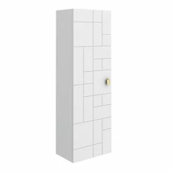 Venice Abstract White Wall Hung Tall Storage Cabinet With Brushed Brass Square Drop Handle