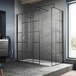 Venice 1950mm Matt Black Abstract Grid Wetroom Screen + Support Arm
