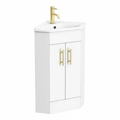 Venice Corner Vanity Unit - Gloss White - 590mm With Brushed Brass Handles