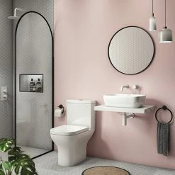 Venice Cloakroom Suite (465mm Countertop Basin, Gloss White Floating Shelf + Toilet)