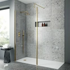 Venice Brushed Brass Outer Framed 8mm Wetroom Screen With Support Arm (1950mm High) - Various Sizes
