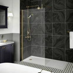Venice Brushed Brass Wetroom Screen With Retaining Arm (1950mm High) - Various Sizes