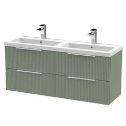 Venice Fluted 1205mm Satin Green 4 Drawer Double Basin Vanity Unit & Chrome Handles