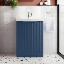 Venice Fluted 600mm Blue Vanity Unit - Floor Standing 2 Door Unit With Chrome Handles -Venice shop VF60FS2DRB DETAIL4 460