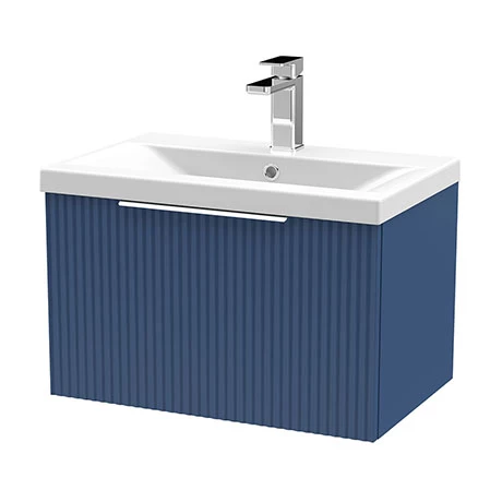Venice Fluted 600mm Blue Vanity Unit - Wall Hung Single Drawer Unit With Chrome Handle 1 Venice Fluted 600mm Blue Vanity Unit - Wall Hung Single Drawer Unit With Chrome Handle