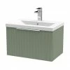 Venice Fluted 600mm Green Vanity Unit - Wall Hung Single Drawer Unit With Chrome Handle
