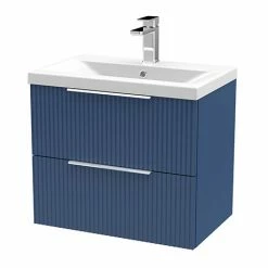 Venice Fluted 600mm Blue Vanity Unit - Wall Hung 2 Drawer Unit With Chrome Handles