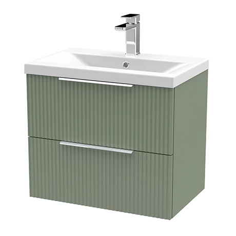 Venice Fluted 600mm Green Vanity Unit - Wall Hung 2 Drawer Unit With Chrome Handles 1 Venice Fluted 600mm Green Vanity Unit - Wall Hung 2 Drawer Unit With Chrome Handles
