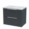 Venice Fluted 600mm Anthracite Vanity Unit - Wall Hung 2 Drawer Unit With Bellato Grey Worktop & Chrome Handles
