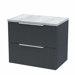 Venice Fluted 600mm Anthracite Vanity Unit - Wall Hung 2 Drawer Unit With Bellato Grey Worktop & Chrome Handles