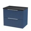 Venice Fluted 600mm Blue Vanity Unit - Wall Hung 2 Drawer Unit With Black Worktop & Chrome Handles