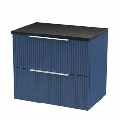 Venice Fluted 600mm Blue Vanity Unit - Wall Hung 2 Drawer Unit With Black Worktop & Chrome Handles