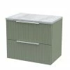 Venice Fluted 600mm Green Vanity Unit - Wall Hung 2 Drawer Unit With Bellato Grey Worktop & Chrome Handles